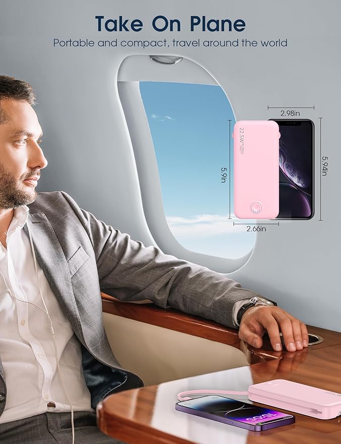 Portable Charger with Built in Cable and AC Wall Plug, USB C Power Bank 12000mAh 22.5W Super Fast Charging, Lightweight Portable Phone Charger Travel Battery Pack for iPhone, ect