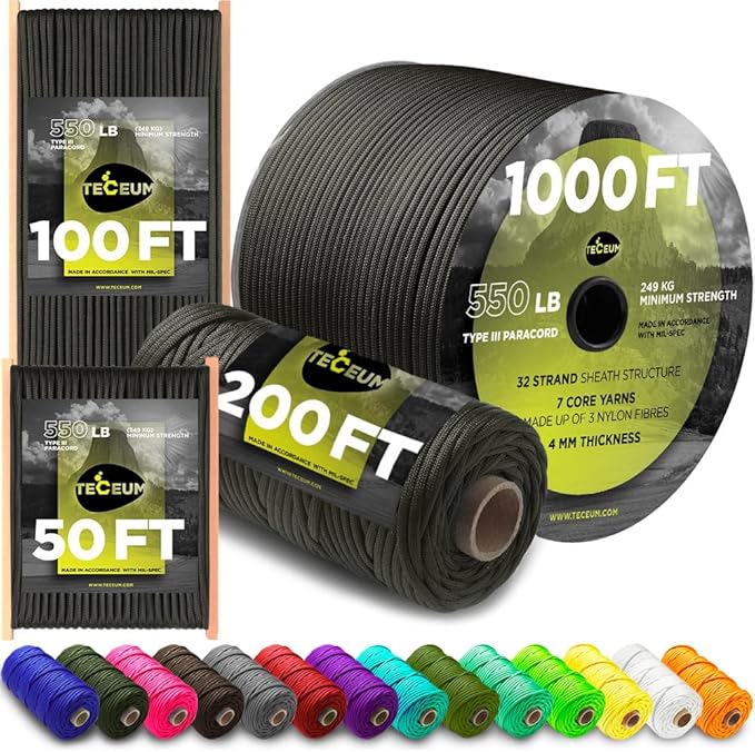 TECEUM 5/32" Paracord Rope 1000 – 1000ft / 200ft / 100ft / 50ft – Tactical Parachute Cord 4mm – 45+ Colors – Nylon String for Survival & Camping Gear – Stripe Cord for Survival – Utility Rope