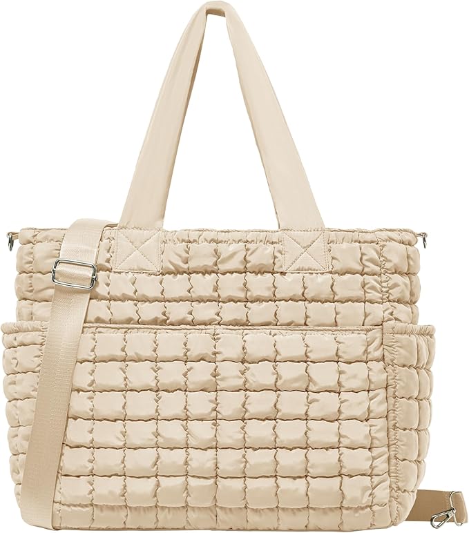 Yarnic Large Puffer Tote Bag for Women, Puffy Shoulder Handbag Quilted Tote Bag with 7 Pockets for Travel Work Gym