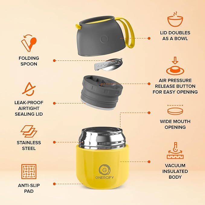 ENERGIFY Vacuum Insulated Food Jar. Large 12oz Bowl incl. Folding Spoon, Cup. Wide Mouth Keep Hot & Cold Drinks Soup Lunch Container for Adults. BPA-Free Stainless Steel, Leak Proof Yellow