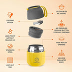 ENERGIFY Vacuum Insulated Food Jar. Large 12oz Bowl incl. Folding Spoon, Cup. Wide Mouth Keep Hot & Cold Drinks Soup Lunch Container for Adults. BPA-Free Stainless Steel, Leak Proof Yellow