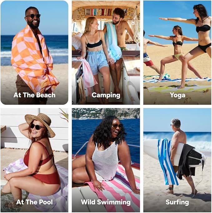 Dock & Bay Beach Towel - Quick Dry, Sand Free - Compact, Lightweight - 100% Recycled - Includes Bag - Groovy Check - Extra Large (200x90cm, 78x35)