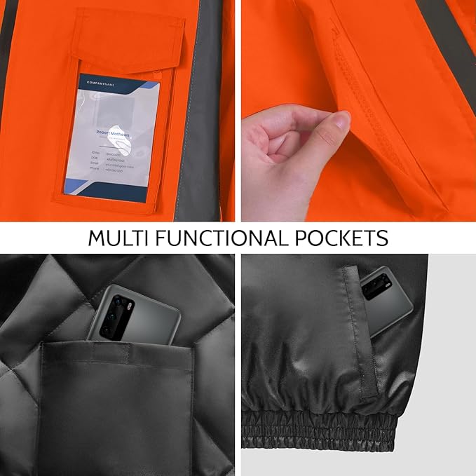 High Visibility Work Jackets, Safety Jacket with Pockets for Men& Women, Construction Coats for Winter Cold Weather, Waterproof High Vis Rain Gear, Class 3, Orange-Black, 5XL