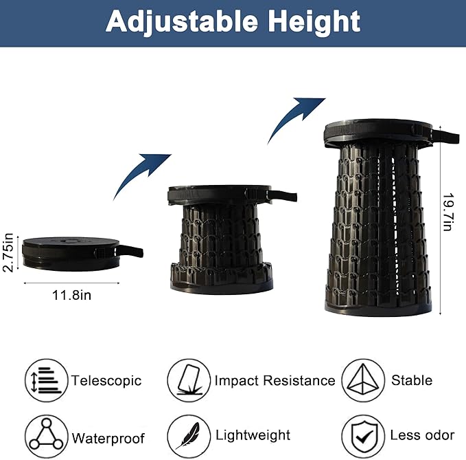 ALEVMOOM XXL Telescoping Stool with Cushion,Taller 19.7"Wider 11.8" Collapsible Chair More Sturdy Capacity 1000Ib,Portable Camping Adjustable Stool for Garden Fishing Hiking Mountain BBQ (Large Black)