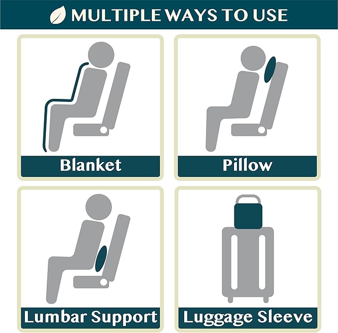 PAVILIA Travel Blanket Pillow in Soft Bag with Pockets, Airplane Blanket Set, Plane Blanket Compact Packable, Flight Essentials Car Pillow, Travelers Accessories Gifts, Luggage Strap, Dusty Light Blue