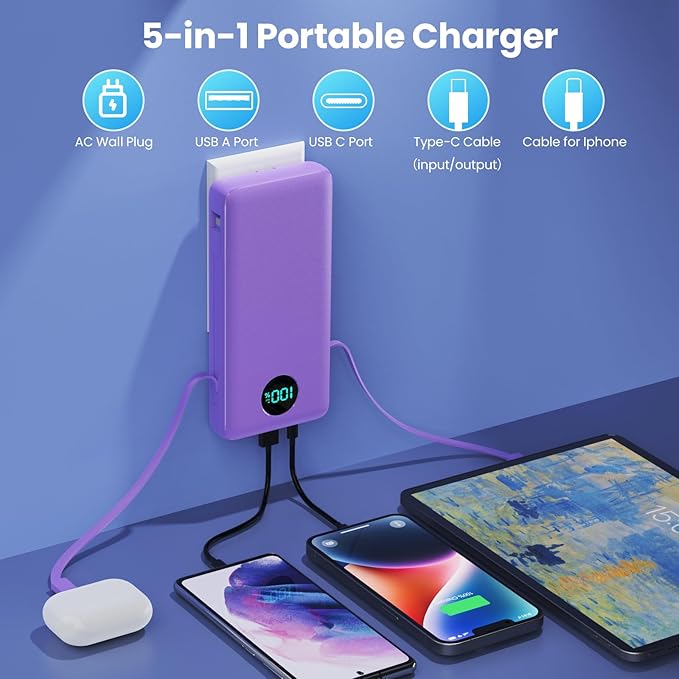 Portable Charger 33800mAh USB C Power Bank with Built-in Cables & AC Wall Plug,25W Fast Charging+QC 4.0 Phone Charger,4 Output LCD Display Battery Pack Compatible with iPhone16/15,Samsung,Android etc