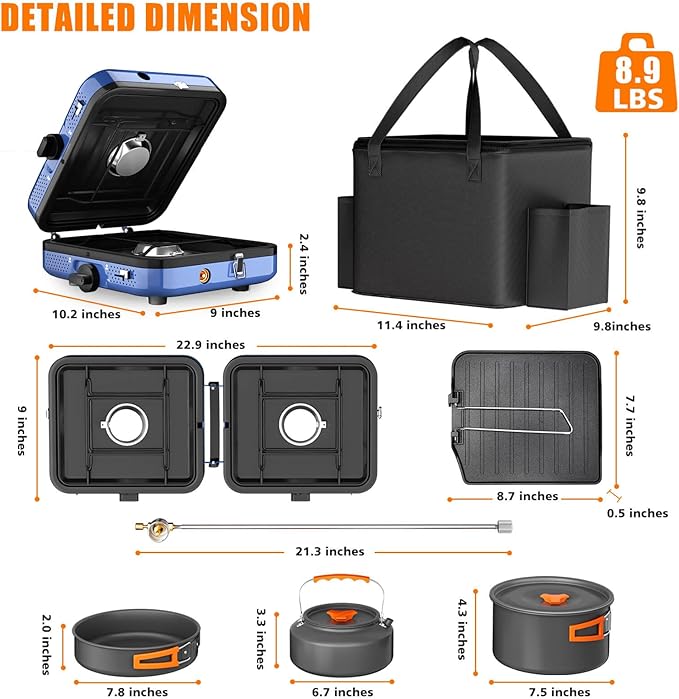 Portable 2 Burner Camping Stove Set with Cookware, Outdoor Cooking Kit Includes Outdoor Folding Gas Stove, Frying Pan, Griddle, Kettle, Pot, and Carry Bag, For Propane & Butane, 20,000 BTU/h