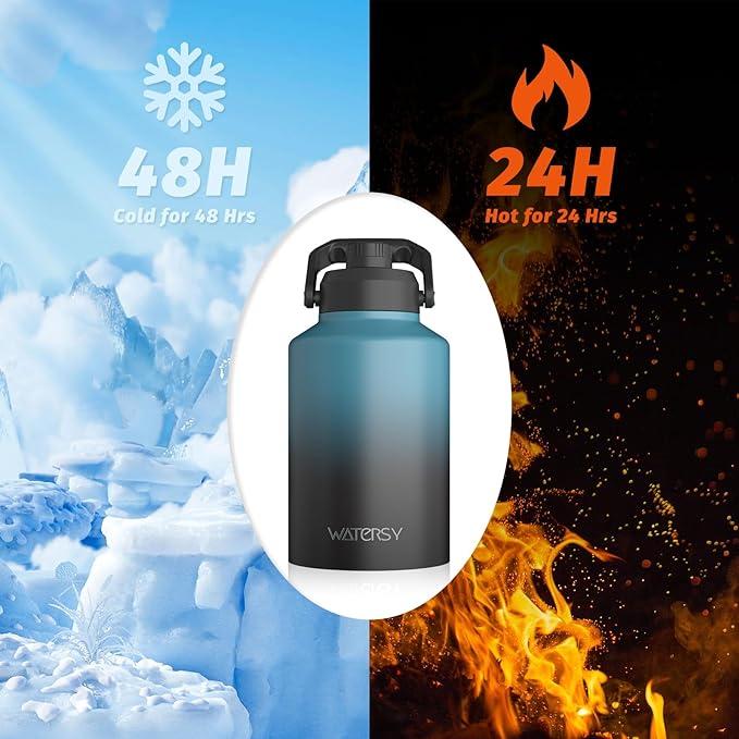WATERSY 1 Gallon Water Bottle Insulated(Cold for 48 Hrs),BPA Free&Leak Proof,128oz Stainless Steel Water Jug,Big thermo,Large Water Bottle with Handle for Gym,Hiking,Camping&Travel,Lake Blue
