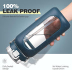 BLUEGO 64oz Water Bottle Glass with Stainless Steel Handle Large Water Bottle with Time Markers and Silicone Sleeve Half Gallon Water Jug BPA Free for Gym Daily Use, Dark Blue