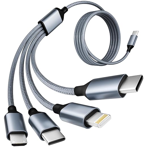USB C Multi Charging Cable [1Pack 5FT], 4 in 1 Charging Cable Nylon Braided USB-C Multiple Charger Cord with Micro USB,IP Port and 2 Type C Adapter Port for iPhone 17/16 Series/Cell Phones and More