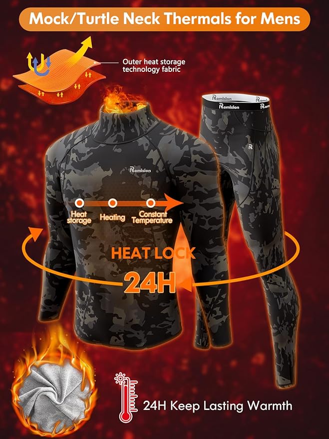 romision Thermal Underwear for Men Long Johns Fleece Lined Hunting Gear Bottom Top Set Base Layer for Cold Weather Gift