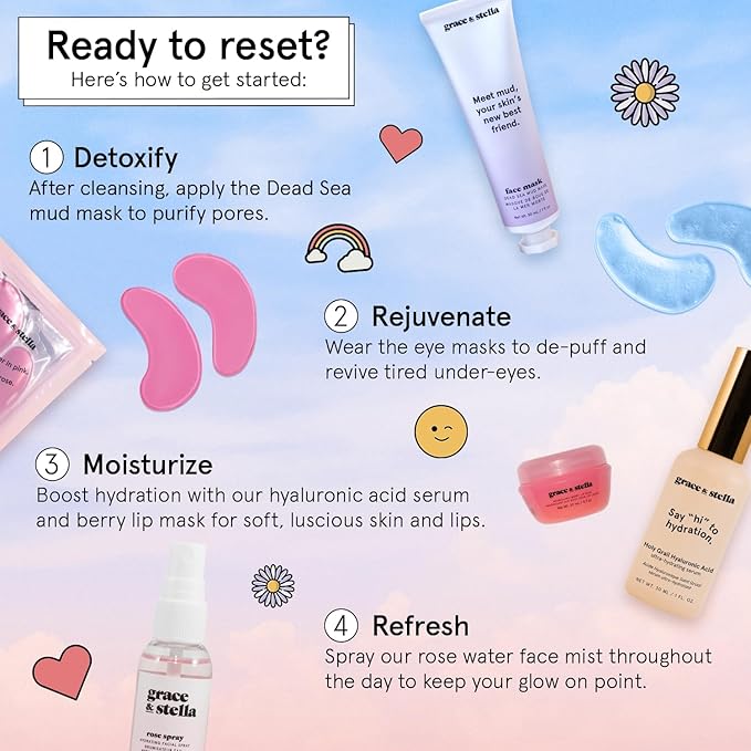 grace & stella Award Winning Skin Care Set - Gift Set for Women - Travel Essentials with Under Eye Masks, Serum, Cleanser, Lip Balm - Holiday Gift for Mom - Vegan Cruelty-Free Self Care