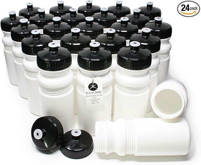 Rolling Sands USA Made 20 Ounce Sports Water Bottles - 24-Pack Bulk BPA-Free Blank Sports Bottles for Teams & Classrooms - White Bottle/Black Lid, No Smell No Taste
