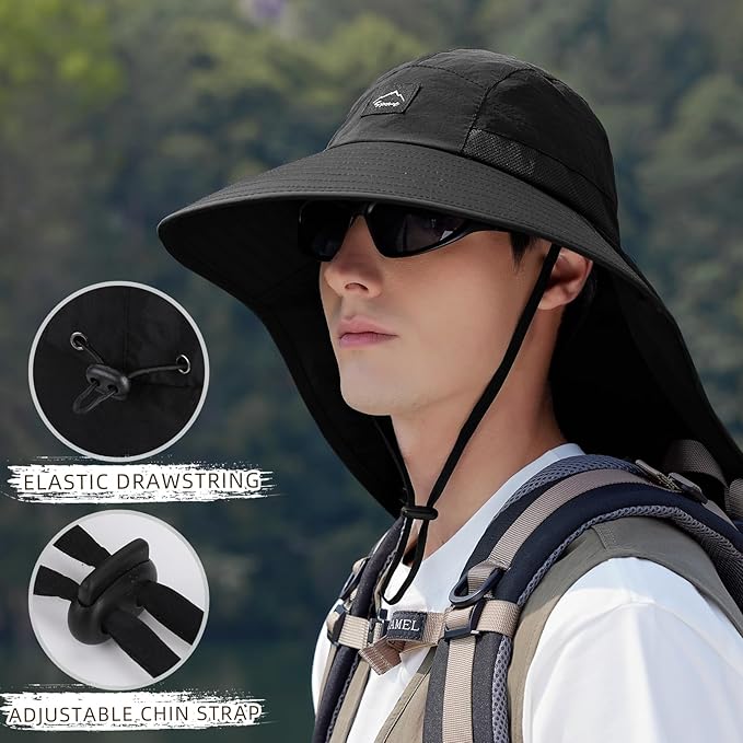 Rosoz Outdoor Sun Hat for Men Women, UPF50+ Protection Safari Cap Wide Brim Mesh Fishing Hat with Neck Flap Beach Garden