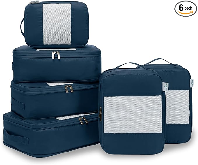 6-Pack Compression Packing Cubes Travel Essentials - Lightweight, Water-Resistant Luggage Organizer Bags with Handles, Durable Travel Accessories Suitcase Organizer (Inkblue)