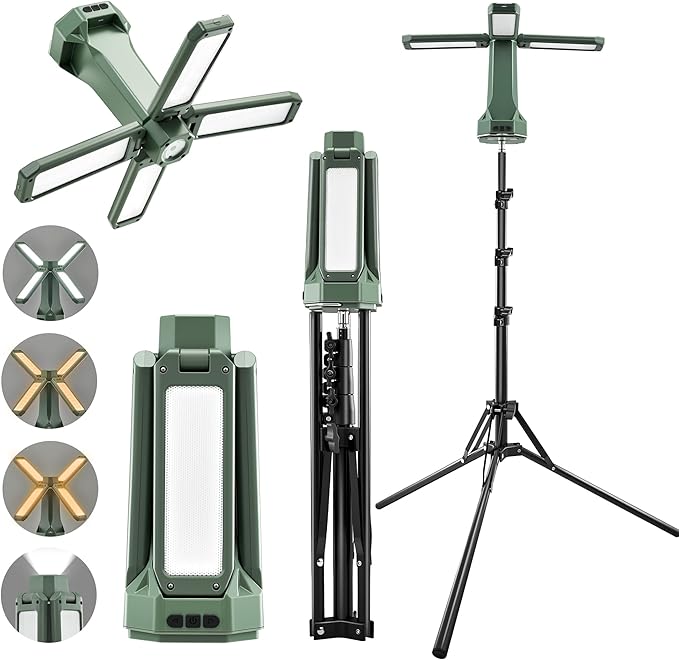 Portable Camping Light with Stand 67'' Rechargeable Work Light - 6500Lumen, 20000mAh Battery, 2700K-6000K Dimmable Emergency Flashlight with Magnetic Base for Camping, Garage, Power Outages