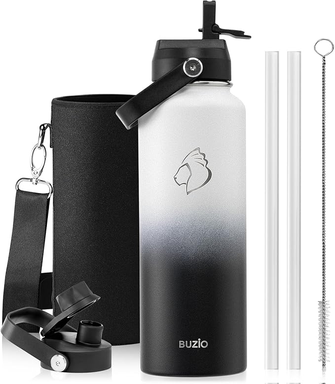 BUZIO Insulated Water Bottle with Straw Lid and Flex Cap, 40oz Modern Double Vacuum Stainless Steel Water Flask, Cold for 48 Hrs Hot for 24 Hrs Simple Thermo Canteen Mug, White and Black