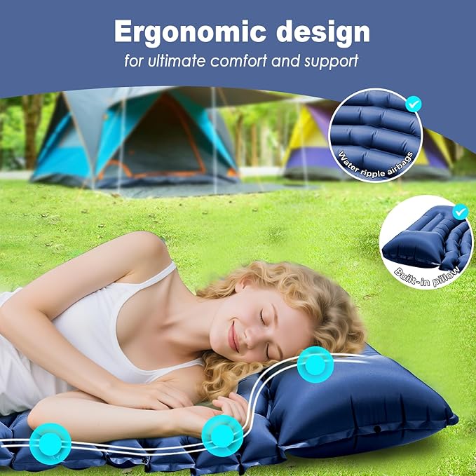 Sleeping Pad for Camping - Ultralight Camping Mattress with Pillow, Built-in Foot Pump, Compact Inflatable Portable Mat for Backpacking, Hiking, Car Traveling, Beach, Tent