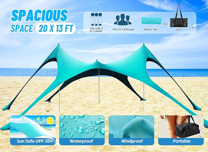 Beach Tent Sun Shelter & Portable Beach Canopy UPF50+ Uv Protection, Beach Shade Canopy/Cabana with 8 Sandbags, 4 Stability Poles, Sand Shovel Ground Pegs for Outdoor Camping