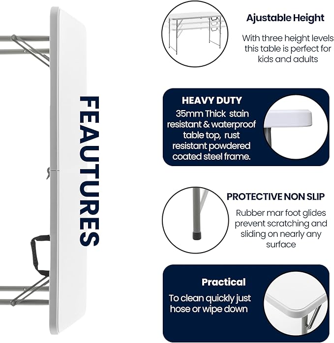 BTEXPERT Fold-in-Half Plastic 4ft Folding Utility Table Lightweight Adjustable Height Portable Carrying Handle Indoor Outdoor for Picnic Camping Office Home Party Wedding Easy to Clean Store White