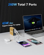 Aluminum Alloy USB C Charger 260W GaN Fast USB C Charging Station 7 Ports 65W Laptop Charger for MacBook Pro/Air/iPad Pro/iPhone (Gold)