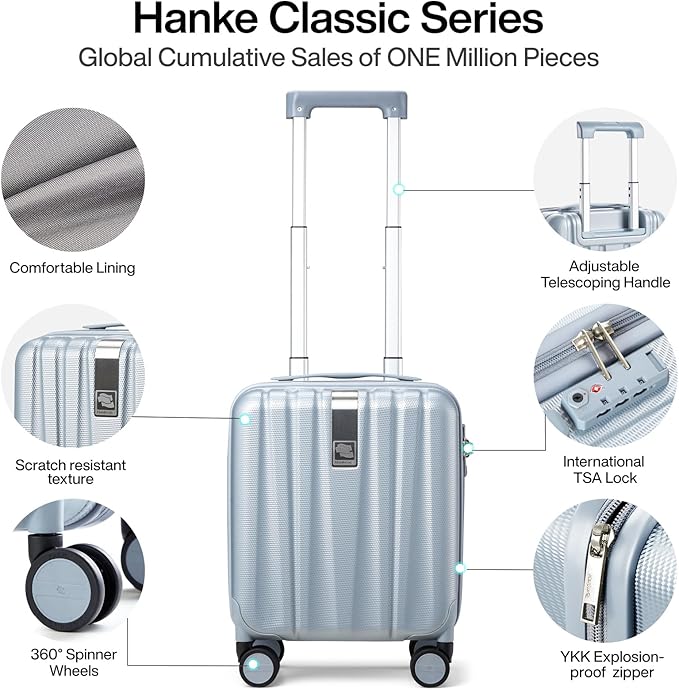 Hanke 14 Inch Underseat Carry On Luggage with Wheels Hard Shell Suitcases Carry On Bag Lightweight Small Mini Suitcase Travel Luggage for Travel（Gray）