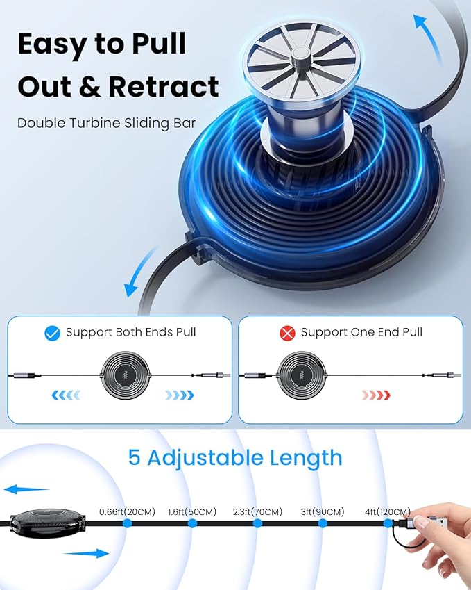 100W Multi USB Charging Cable, 6-in-1 Retractable USB C/Lightning/Micro Multi Charger Cords for iPhones, iPads, MacBook, Tablets, Galaxy, Note & More - 4Ft/1.2M 5A Fast Charging, Portable, Black