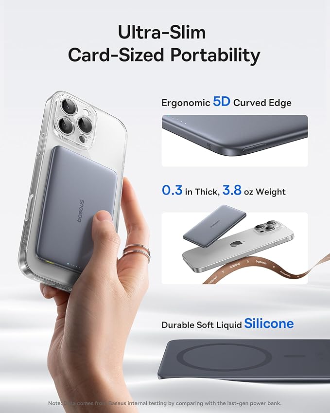 Baseus Picogo Power Bank, 0.3" Ultra Slim 5000mAh MagSafe Portable Charger, Card-Size Magnetic Battery Pack USBC to USBC Cable, 100W Retractable USB C 5A Fast Charging Cable