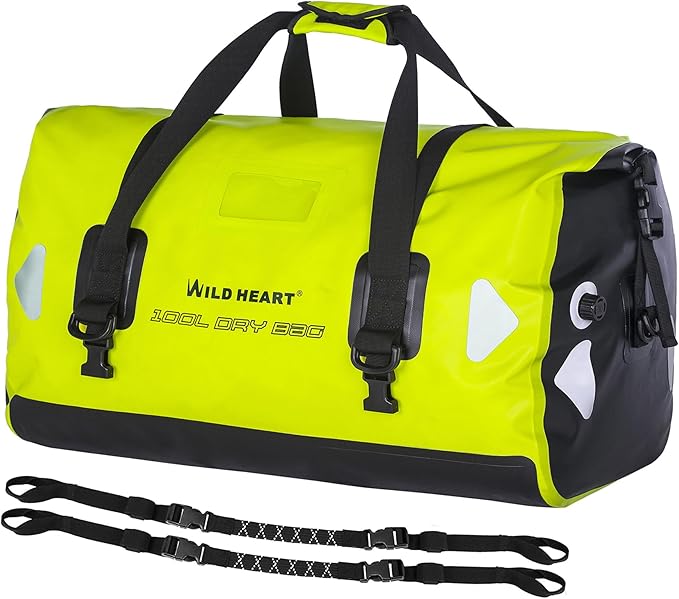 WILD HEART Waterproof Motorcycle Duffel Bag PVC500D Double-bottom With Rope Straps and Inner Pocket 40L 66L 100L for Kayaking, Camping, Boating,Motorcycle