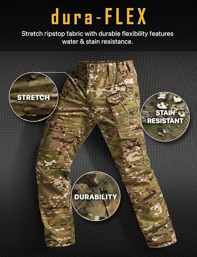 CQR Men's Flex Ripstop Tactical Pants, Water Resistant Stretch Cargo Pants, Lightweight EDC Hiking Work Pants