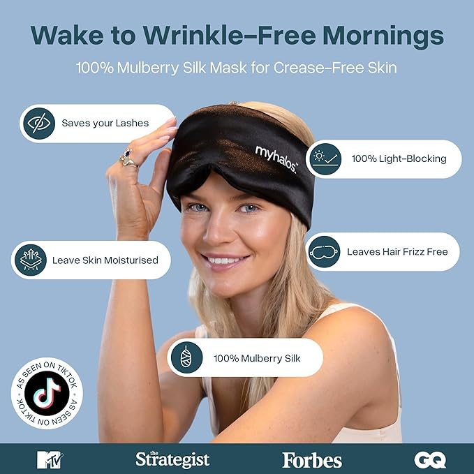 MyHalos 3D Mulberry Silk Sleep Mask for Women & Men with Cups, Blackout - Silk Eye Masks for Sleep Anywhere, Travel, Night, Face, Side - Eye Cover, Sleeping Mask, Eyemask, Sleepmask, Black