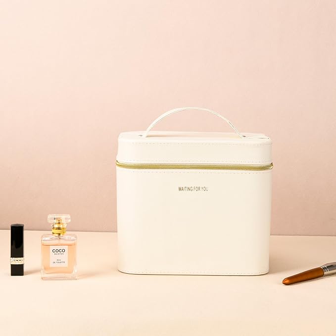 Hard white makeup box, Portable leather hard cosmetic case with mirror, Professional train case make up box for women adults. (Monolayer - white