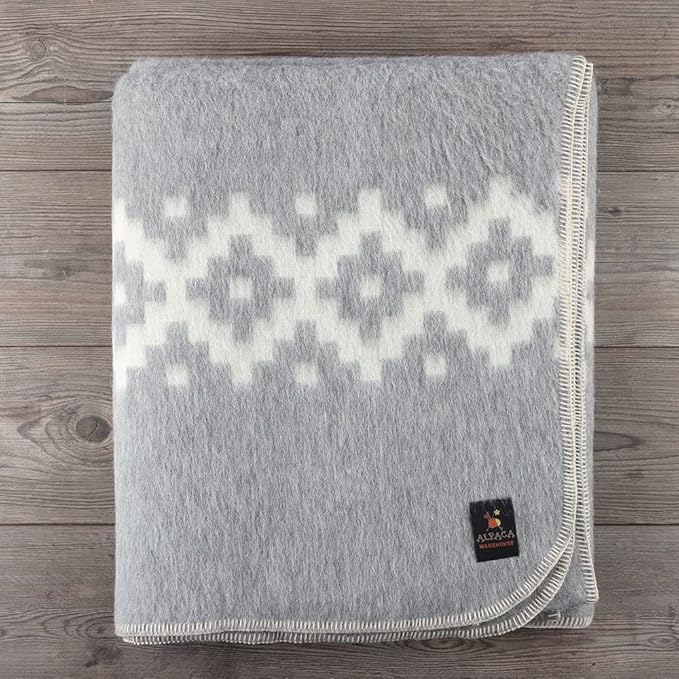 Thick Alpaca Wool Blanket Heavyweight Camping Outdoors Indoors Soft Peru King Size Ethnic Design (Soft Gray - Ivory, King Size)