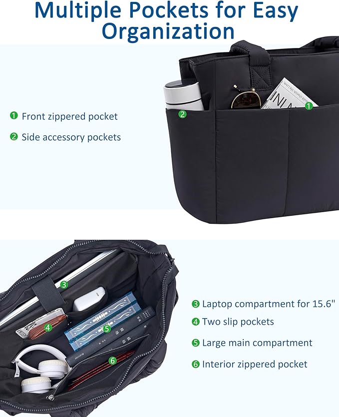 Puffer Tote Bag for Women, Quilted Bag with Zipper, Small Tote HandBags for Work, Travel