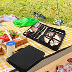 Picnic Tableware Set Camping Flatware Copper/Rose Gold Silverware and Plates Kit for 4 Portable Utensils Stainless Steel Dishes Spoons Forks Knives Bottle Opener Food Tongs