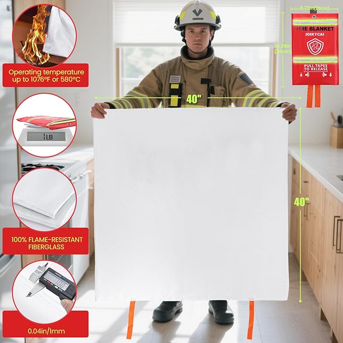 Fire Blanket For Home And Kitchen Fire Suppression Blanket Fire Blankets Emergency For Home Survival Fireproof Fiberglass Fire Safety Blanket RV Grill Fireplace Car Camping Hook Whistle 40"x40" 1 Pack