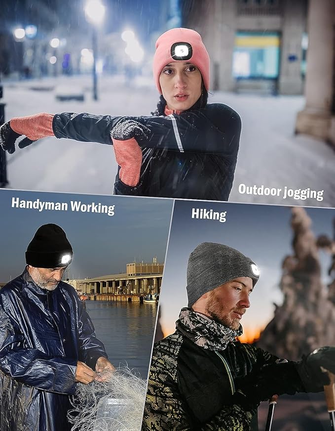 MELASA Unisex Hat with Light, USB Rechargeable Hands Free Headlamp LED Beanie, Winter Gifts for Men Dad Father Husband Him