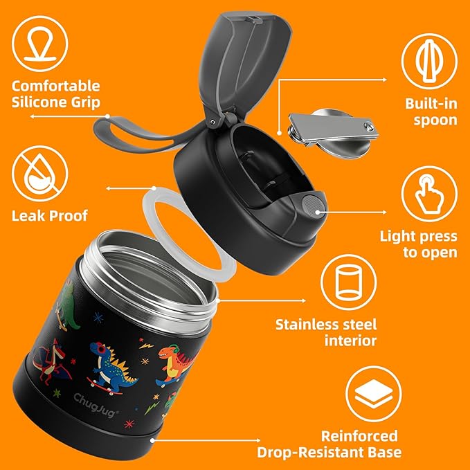 10 oz Soup Thermo for Hot Food Kids Insulated Food Jar with Spoon, Lunch Thermo Container, Width Mouth Vacuum Stainless Steel Food Thermo for School Travel, Leakproof, Easy to Open(Black)
