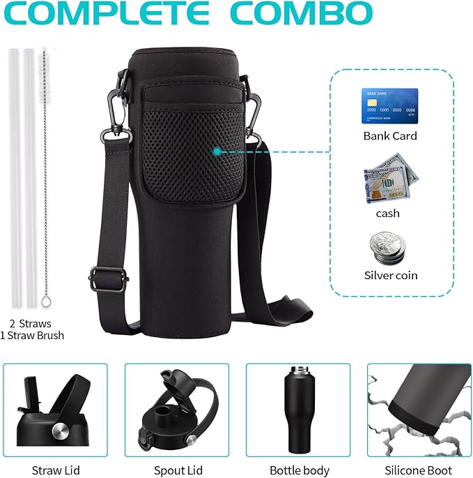 40 OZ Stainless-steel Insulated Water Bottles - Cold 48H & Hot 24H, Leak-Proof Metal Water Flask with Sleeve, Protective Boot, BPA Free Vacuum Insulated 40oz Water Bottle Fits In Cup Holder