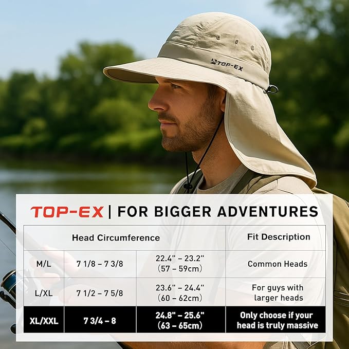 TOP-EX Cooling Sun Hat with Neck Flap – UPF 50+ Wide Brim Breathable Hat for Hiking, Fishing & Big Heads