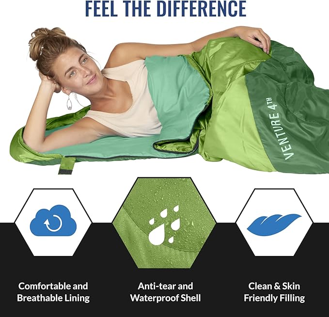 VENTURE 4TH Backpacking Sleeping Bag – XXL, Double and Single Sizes - Lightweight Warm & Cold Weather Sleeping Bags for Adults, Kids & Couples – Ideal for Hiking, Camping & Outdoor Adventures