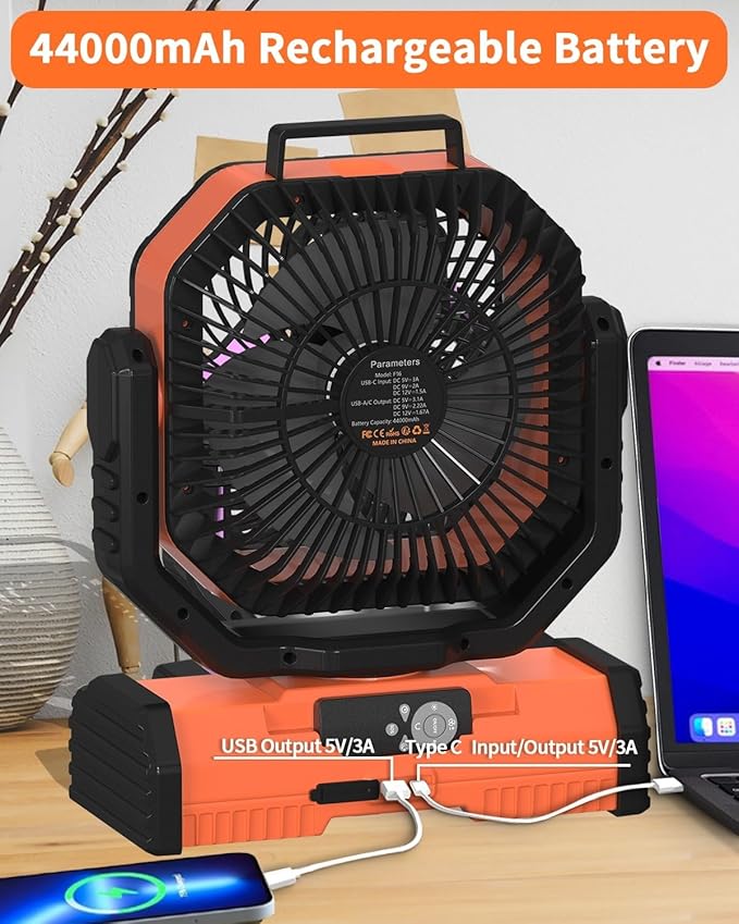 ADUST 12 Inch Camping Battery Operated Powered Fan with LED Lantern Light,44000mAh Rechargeable Portable Oscillating Fan with 360° Rotation Hanging Hook for Tents, Cordless USB Desk Fan(Orange)