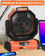ADUST 12 Inch Camping Battery Operated Powered Fan with LED Lantern Light,44000mAh Rechargeable Portable Oscillating Fan with 360° Rotation Hanging Hook for Tents, Cordless USB Desk Fan(Orange)