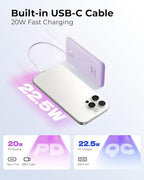 Slim Portable Charger 10000mAh, Travel Power Bank with Built-in USB-C Cable & LED Display, 22.5W Fast Charging Battery Pack Compatible with iPhone 16 15 Samsung S24 S23 -Purple