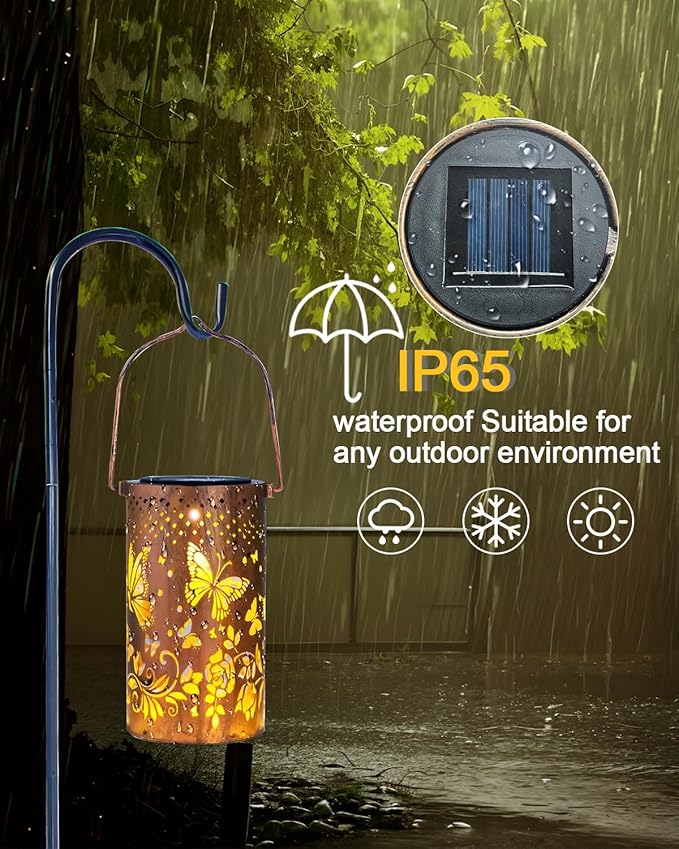 Solar Lanterns Outdoor, Waterproof Butterfly Garden Decor Birthday Gifts for Women Mom Grandma, Metal Hanging Solar Lights Decoration Outside LED Lanterns for Patio Yard Lawn Backyard Front Porch