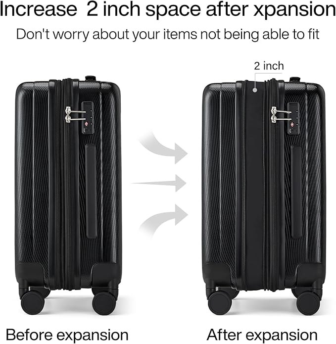 Hanke 24 Inch Expandable Checked Luggage Lightweight PC Hard Shell luggage Suitcases with Wheels Travel Luggage Rolling Large Suitcase Travel Luggage Bag for Go To University.(Jet Black)