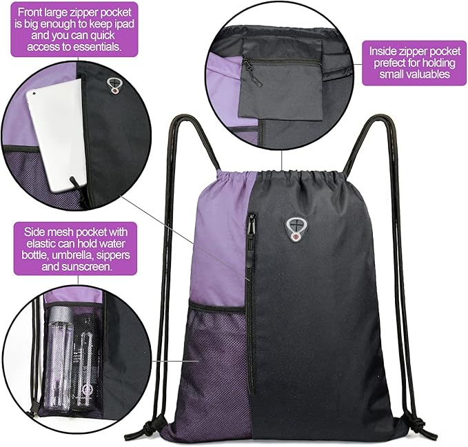 BeeGreen Lilac Drawstring Backpack Sports Gym String Backpack For Women Men Large Size Cinch Sack Workout Bag with Zipper and Water Bottle Mesh Pockets