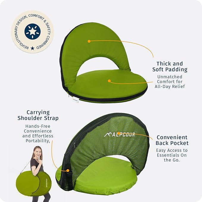 Alpcour Folding Stadium Seat – Deluxe Outdoor Camping Reclining Waterproof Cushion Chair for Bleachers – Best 6-Position Back Support Picnic Bleacher Seats w/Extra Thick Padding for Support & Comfort