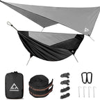 Camping Hammock with Mosquito Net and Rain Fly Tarp - 2 Person Hammock Tent, Portable Parachute Nylon Hammock for Outdoor, Hiking, Backpacking, Backyard, Travel (Hold Up to 500lbs) - Black