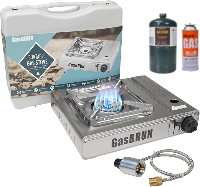 Propane or Butane Stove with Windblocker,Dual Fuel 10000BTU Stainless Steel Portable Camping Stove with CarryCase,Gas Stove for Camping,Tailgating,Outdoor Cooking,Emergency(Fuel not included)